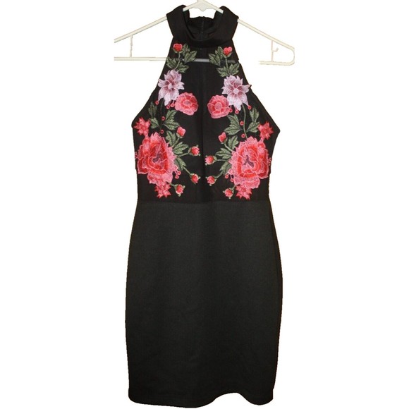 B Darlin Black Halter Neck Sheer Fitted Sheath Bodycon Cocktail Dress Sz S Roses - Picture 1 of 6